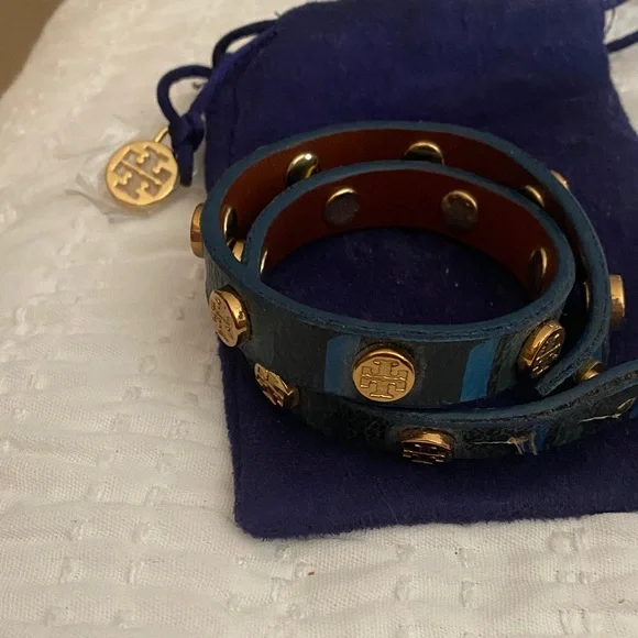 Tory Burch Teal Leather Wrap Bracelet with Gold Accents - Picture 3 of 4